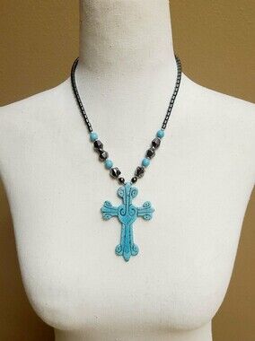 Turquoise Blue Cross Pendant Necklace